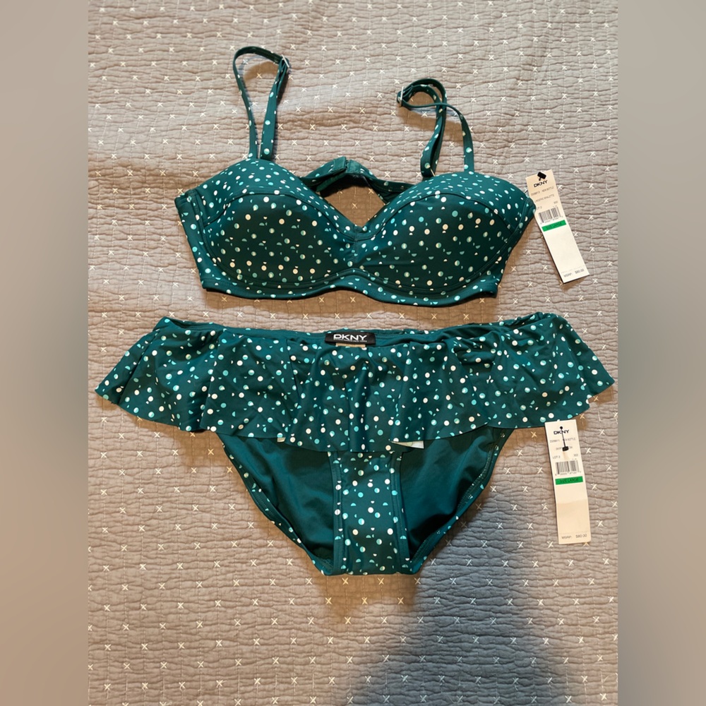 NWT DKNY Green/Teal Polka Dot Bikini Swimsuit Large